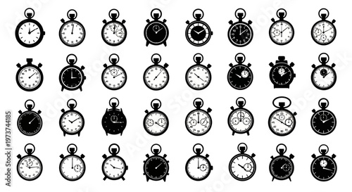 Collection of various stopwatches and pocket watches in black and white timekeeping devices
