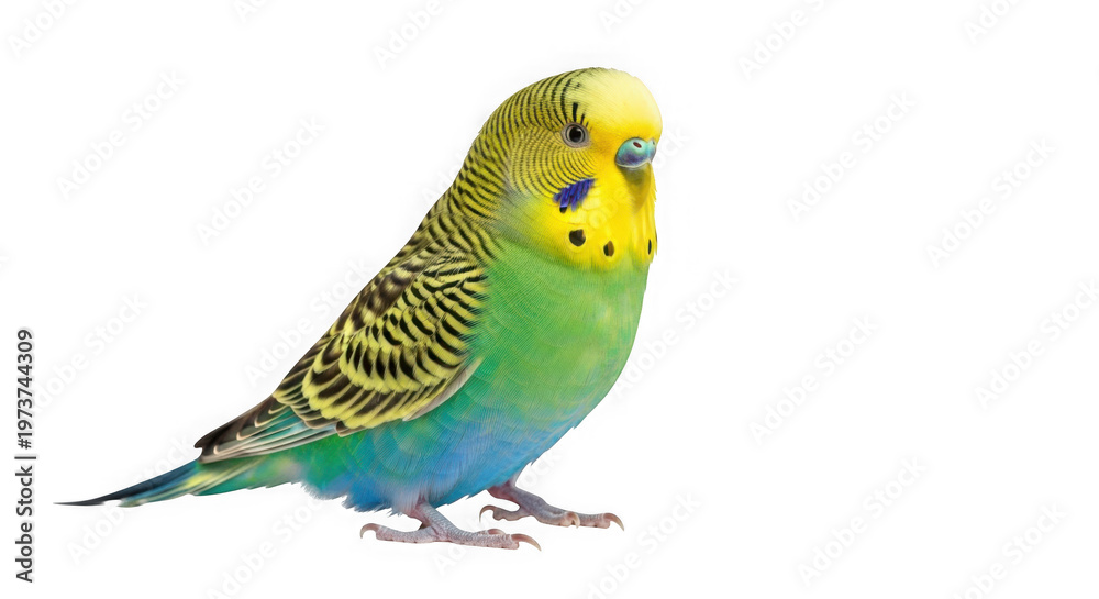 Fototapeta premium Green and yellow budgerigar with blue accents isolated on transparent background