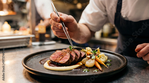 Chef Garnishing Sliced Beef Steak With Microgreens In Restaurant Kitchen For Fine Dining