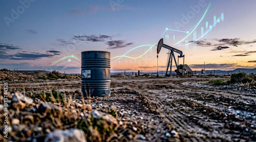 Oil Pump Jack and Barrel with Financial Graph Overlay at Sunset for Energy Industry Concepts