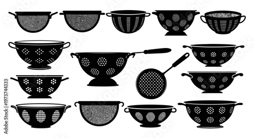 Collection of kitchen colanders and strainers in various designs and patterns on white background