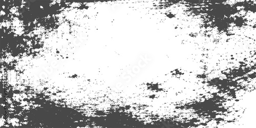 An abstract black ink splat with a dark grunge texture creates a dirty splatter design featuring a vector paint drop and stain silhouette on a circular artistic frame pattern