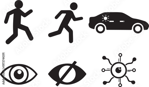 Pedestrian Safety Icons Set Running Man Car Visibility Eye Symbol Vector Collection