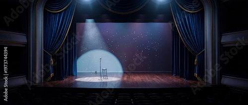 Empty Stage With Spotlight On Microphone And Chair For Performance Concepts