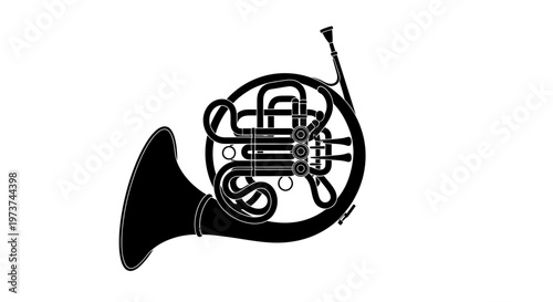 French horn illustration black and white drawing of a musical instrument side view simple design