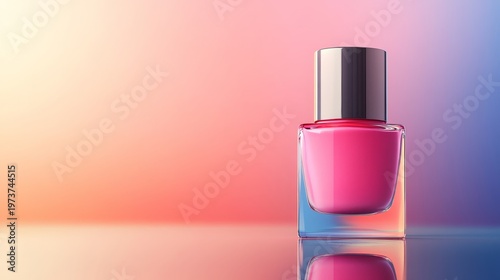 Glass bottle with pink liquid against gradient backdrop, reflecting on shiny surface