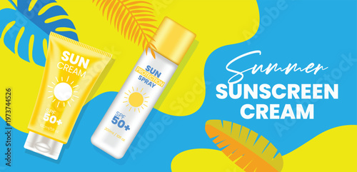 Summer Sunscreen Cream and Summer Cosmetics Products sale banner and spray bottle for spf 50 plus uv protection, cosmetic packaging with tropical leaves, social media promotion banner for skincare
