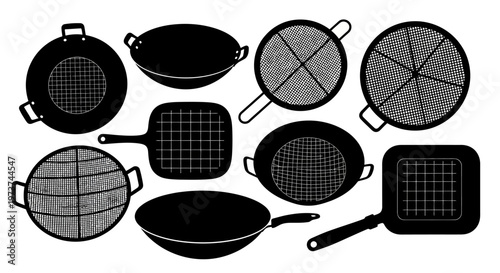 Collection of various kitchen frying pans and cooking utensils in black silhouette on white background for culinary and cooking concepts