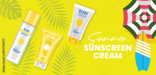 Summer sunscreen cream and spray bottle for spf 50 plus uv protection sale bannerc design, cosmetic packaging with tropical leaves, umbrella and surfboard background, promotion banner for skincare ad