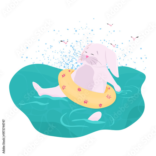 rabbit relaxing in the sea on a life preserver. A summer getaway, cartoon-style, with turquoise water, splashes, and seagulls in the background. 