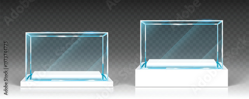 Glass showcase, display, exhibit transparent boxes