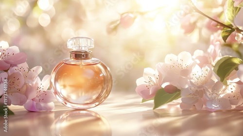 Elegant glass perfume bottle amidst blooming cherry blossoms in gentle sunlight, evoking spring