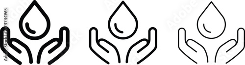 Minimalist water drop in hands icon set, black line art of cupped hands holding a droplet, 3 vector elements for ecology and conservation