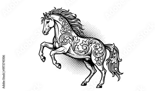 Halftone rearing horse vector illustration with decorative ornament in vintage engraving style isolated