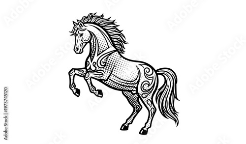 Stylized halftone rearing horse vector illustration with decorative ornament vintage engraving isolated