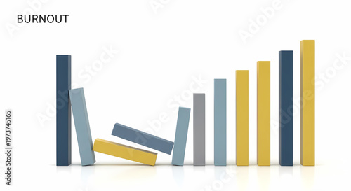 Burnout concept with falling dominoes in yellow blue and gray on white background its illustration only