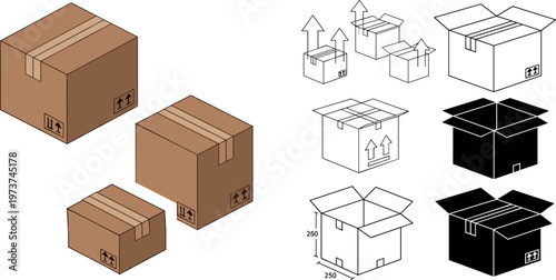 Cardboard Shipping Box Set with Open and Closed Package Designs, Handling Symbols, and Delivery Packaging Illustrations for Logistics and Ecommerce Vector Use