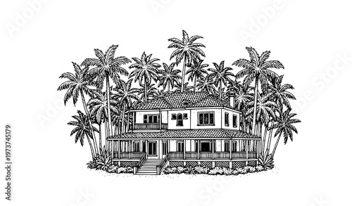 Vintage stippling tropical house vector with palm trees monochrome villa architectural isolated
