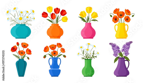 Modern colorful vase and blooming flower vector set with chamomile tulip poppy and lilac isolated on white