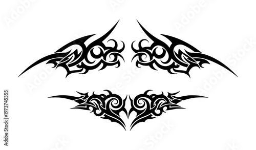 Bold black tribal tattoo vector set with symmetrical abstract swirls and flames isolated for alternative style