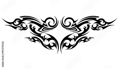 Symmetrical black tribal tattoo vector with abstract swirls and sharp flames isolated for body art