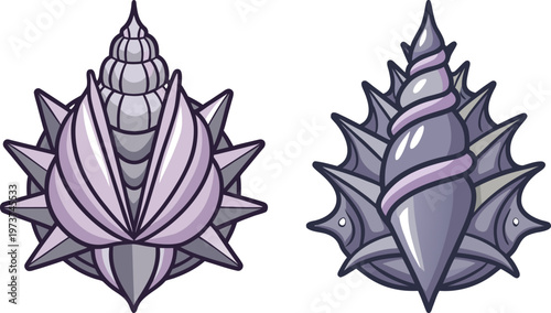 Detailed illustration of two stylized spiky sea snail shells from different angles