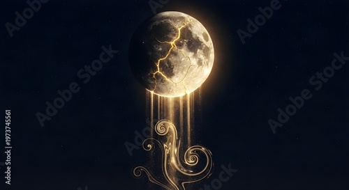 A surreal artistic depiction of a fractured moon dripping golden light onto abstract patterns.