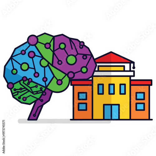 Artificial intelligence concept with human brain structure overlayed on building representing education or knowledge acquisition and technological advancement