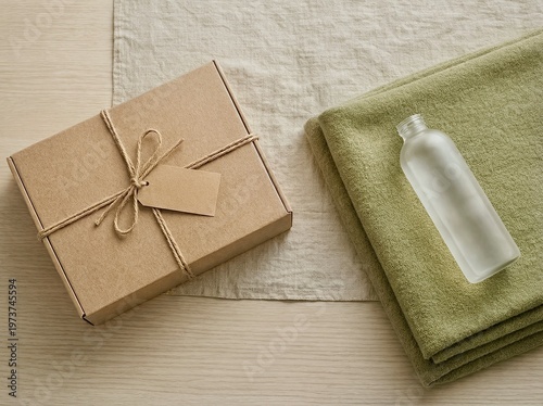 Minimalist spa gift flat lay natural bath products on wood