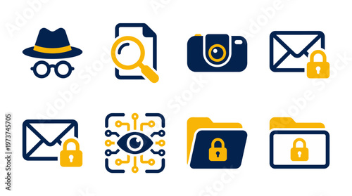 Digital Privacy and Cybersecurity Investigation Icon Set Featuring Incognito Browsing, Encrypted Files, and Biometric Surveillance Symbols