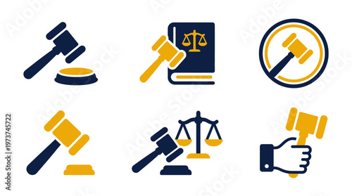Legal System and Justice Icon Set Featuring Judge Gavel, Law Book, and Scales of Justice Symbols