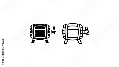 Wooden barrel icon set in solid and outline styles, storage cask symbol for wine and brewery, vintage container black and white vector