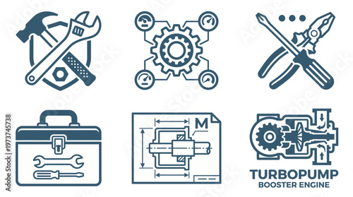 Mechanical Engineering and Industrial Maintenance Icon Set Featuring Turbopump Blueprint, Toolbox, and Professional Repair Tools