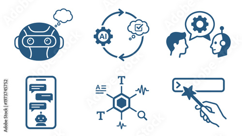 Generative AI and Conversational Chatbot Icon Set Featuring Large Language Model, Natural Language Processing, and Automated Content Creation Symbols