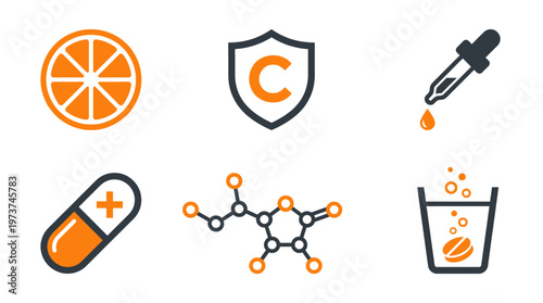 Vitamin C Healthcare Icon Set featuring Ascorbic Acid Molecule, Effervescent Tablet, Citrus Fruit, and Immune System Shield Symbols
