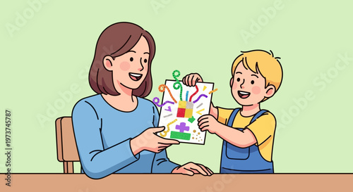 Woman and child with colorful artwork.