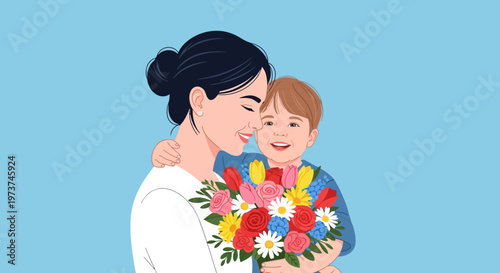 Woman holding a little boy.