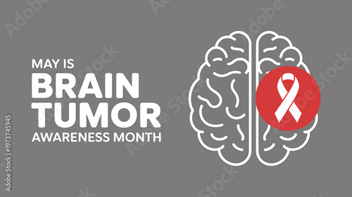 Brain tumor awareness month information graphic with white brain and red ribbon