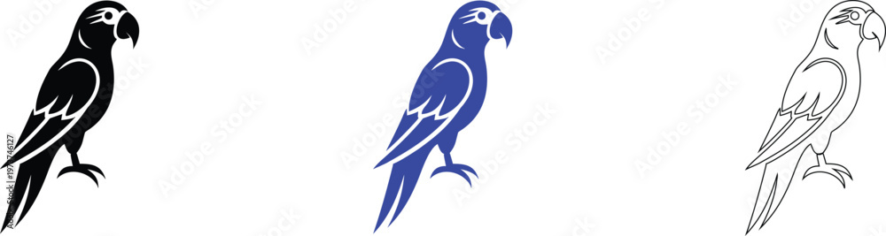 Obraz premium Parrot Illustrations Set: Black, Blue, and Outline Designs