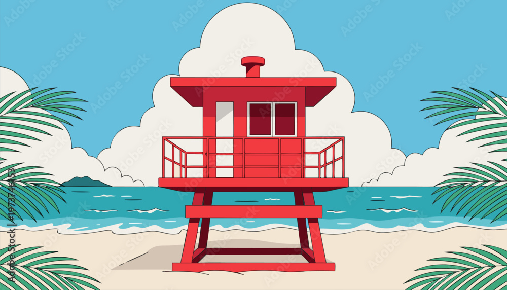 Fototapeta premium Vibrant lifeguard tower standing amidst tropical clouds and palm trees by the sea