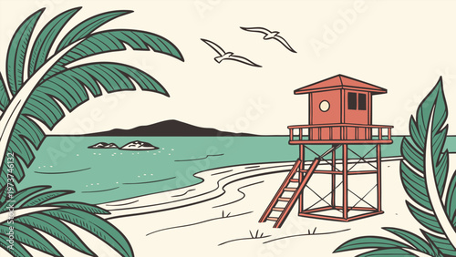 A tranquil lifeguard tower overlooking a serene beach and calm ocean waters