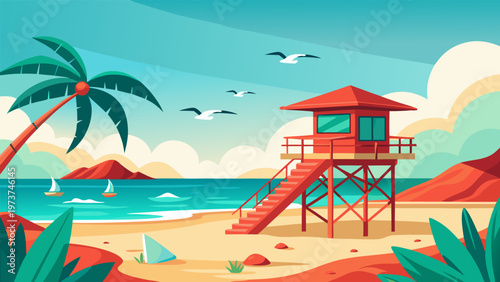 Scenic beach lifeguard tower under a clear sky with palm trees and seagulls