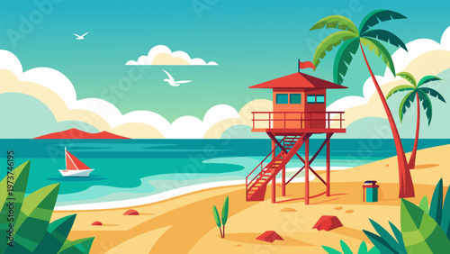 Vibrant beach scene with a lifeguard tower and sailboat on a sunny day