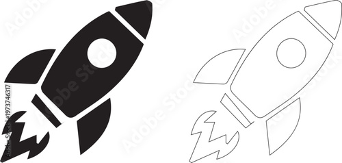 Space rocket launch with fire flames vector silhouette and line outline icon set