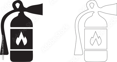 Fire extinguisher emergency safety equipment silhouette and thin line outline vector icon set
