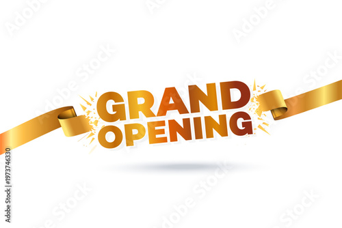 Grand opening, inauguration promotional golden logo unit design with golden ribbon.