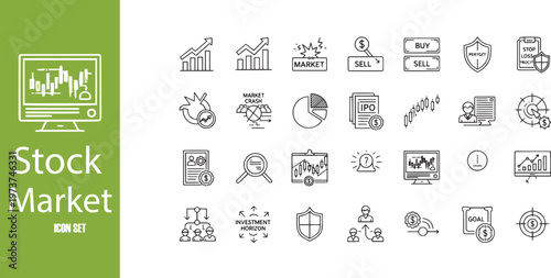 Stock Market Trading and Financial Investment Strategy Line Icon Set
