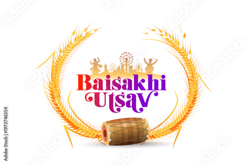 Festive promotion logo unit Baisakhi Utsav wish card design. Punjabi Sikh carnival dance, joy fun vector illustration.
