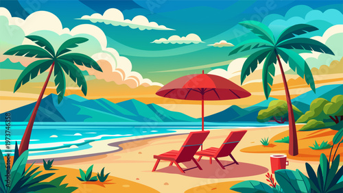 Relaxing beachside scene with palm trees and deck chairs under a red umbrella