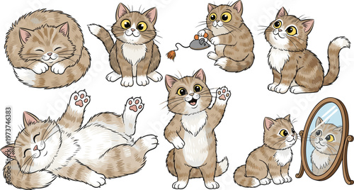 Set of Cute Cartoon Cats in Various Poses with Playful Expressions and Activities